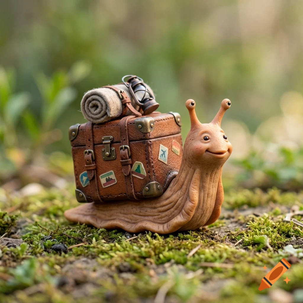 A close-up of a whimsical clay figurine of a smiling snail carrying a miniature leather suitcase, rolled blanket, and lantern on its back, resting on moss.