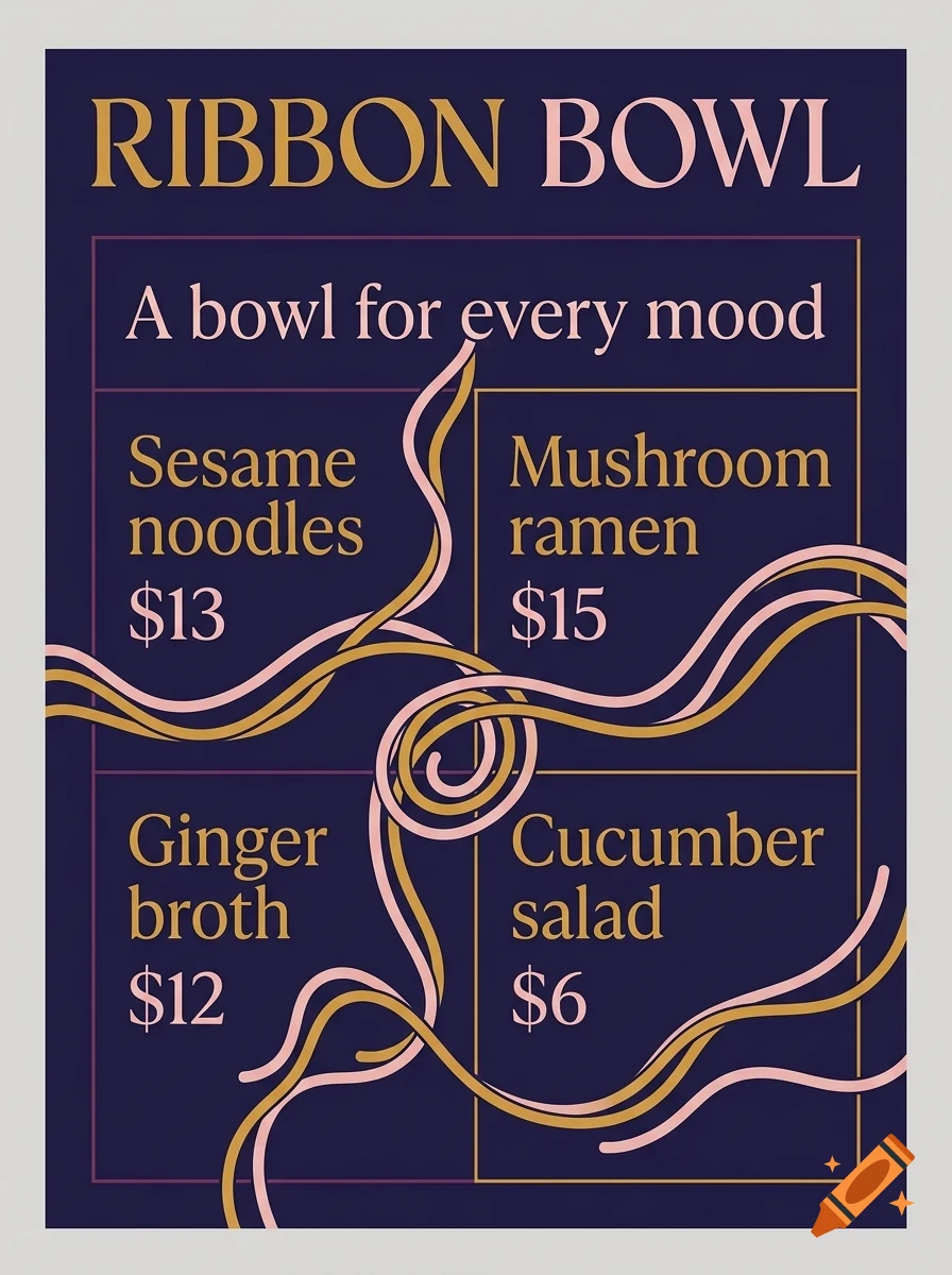 A menu poster for Ribbon Bowl featuring sections for sesame noodles, mushroom ramen, ginger broth, and cucumber salad.