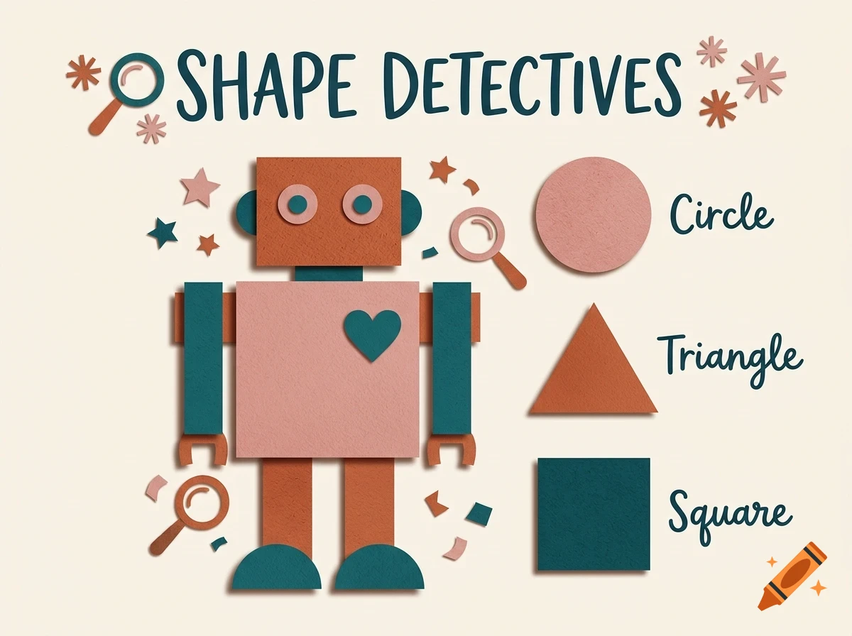 An educational design featuring a robot made of geometric shapes, magnifying glasses, and labeled shapes including a pink circle, orange triangle, and blue square with the text 'SHAPE DETECTIVES'.