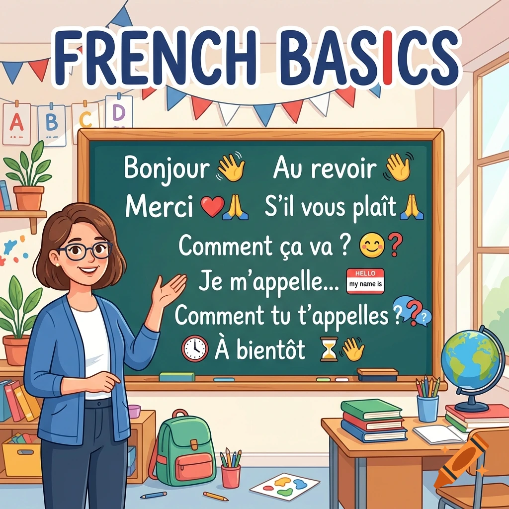 Cartoon illustration of a female teacher in a classroom pointing at a chalkboard with French vocabulary words.