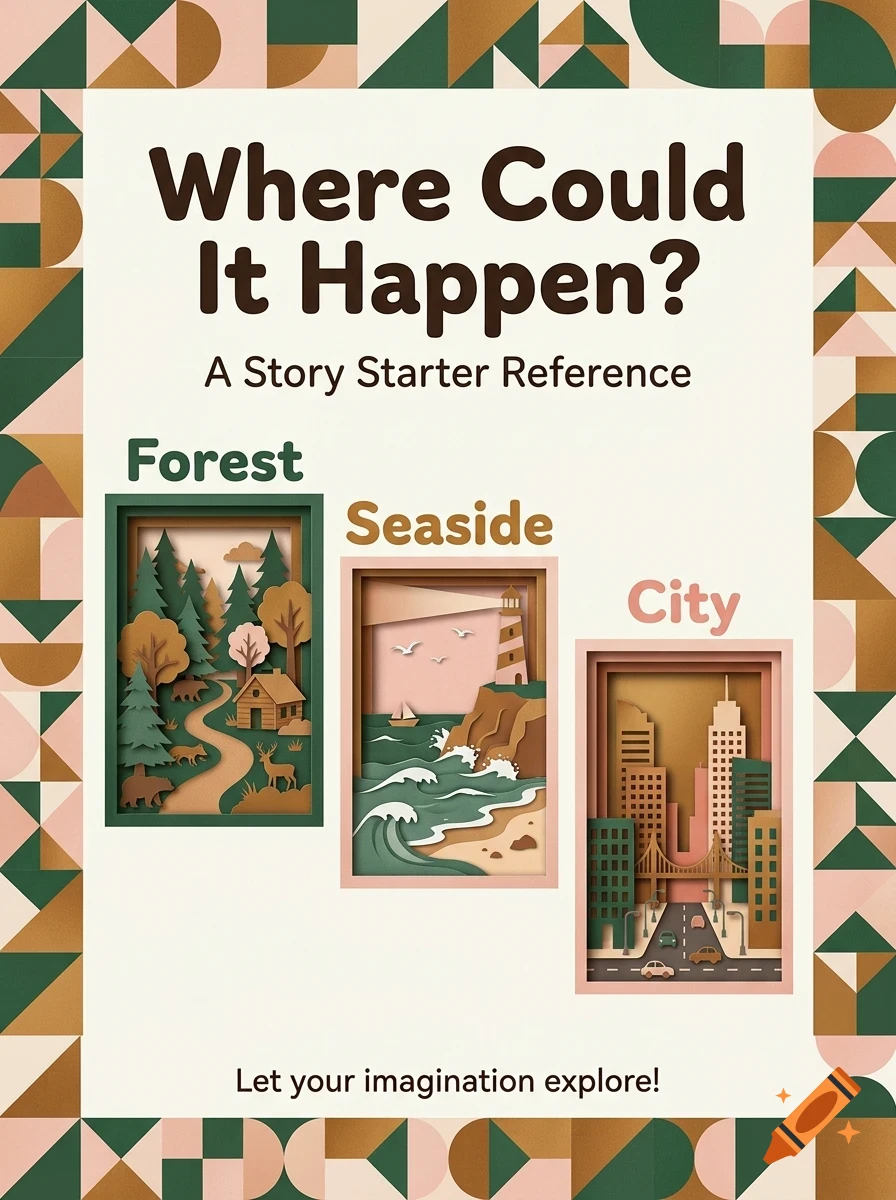 An educational poster titled Where Could It Happen? with three layered papercraft style illustrations depicting a forest, a seaside, and a city.