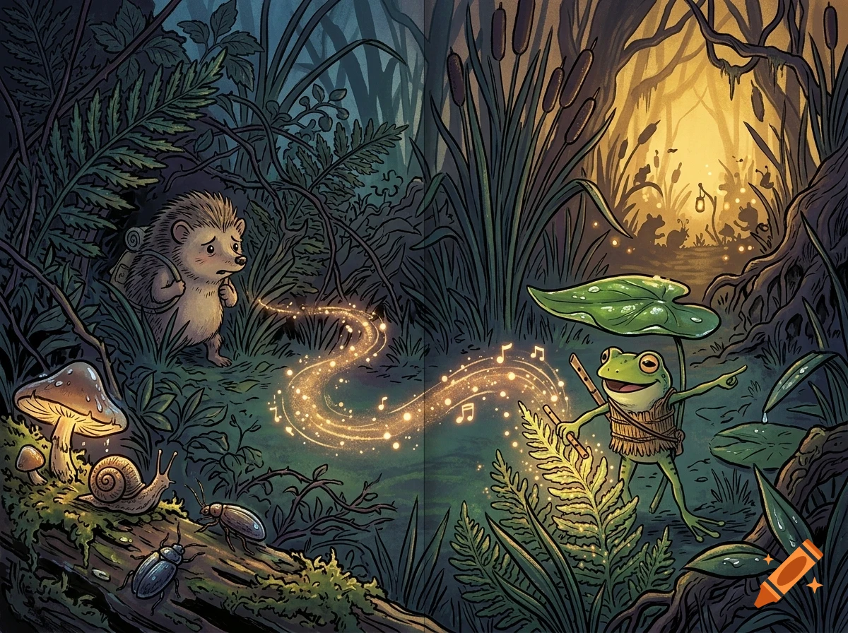 An illustrated woodland scene with a hedgehog on the left and a frog holding a leaf umbrella and a stick on the right, with a glowing trail of magical light between them.