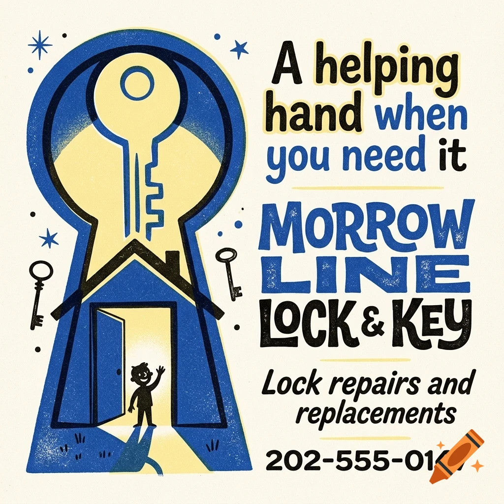 An illustration featuring a blue keyhole shape framing a key, a house silhouette with an open door, and a small figure, accompanied by business lettering.