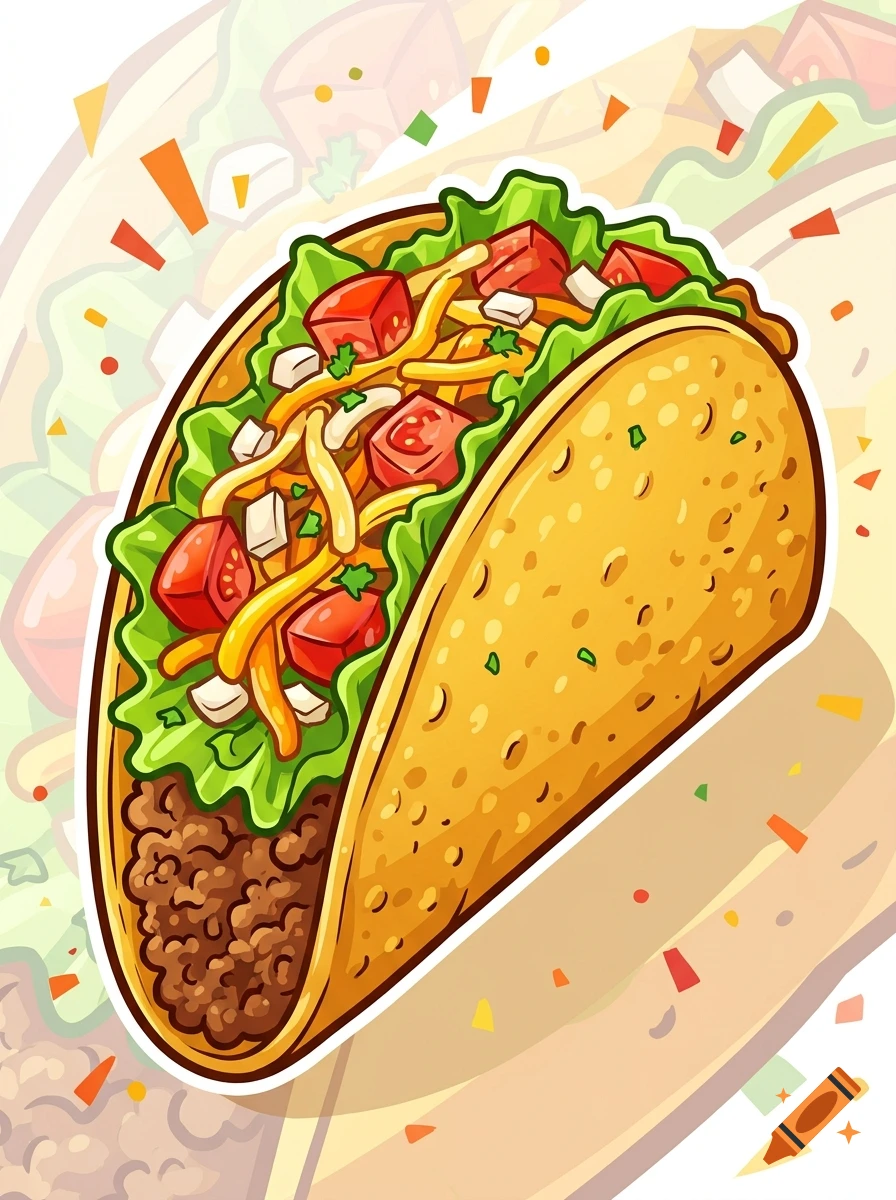 Cartoon illustration of a crunchy taco filled with ground beef, lettuce, diced tomatoes, and cheese.