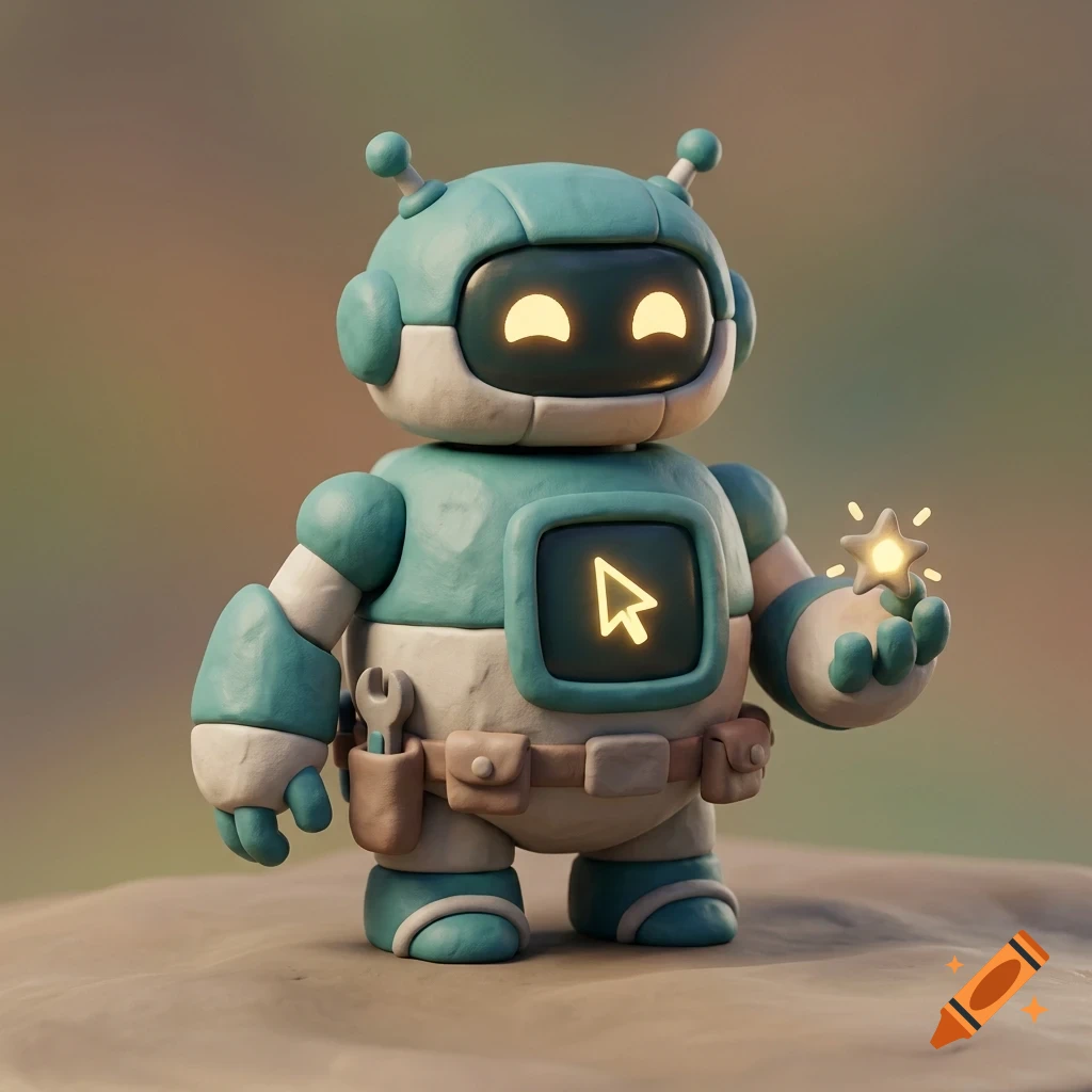 A cute 3D clay-style teal and white robot standing while holding a glowing star in its hand.