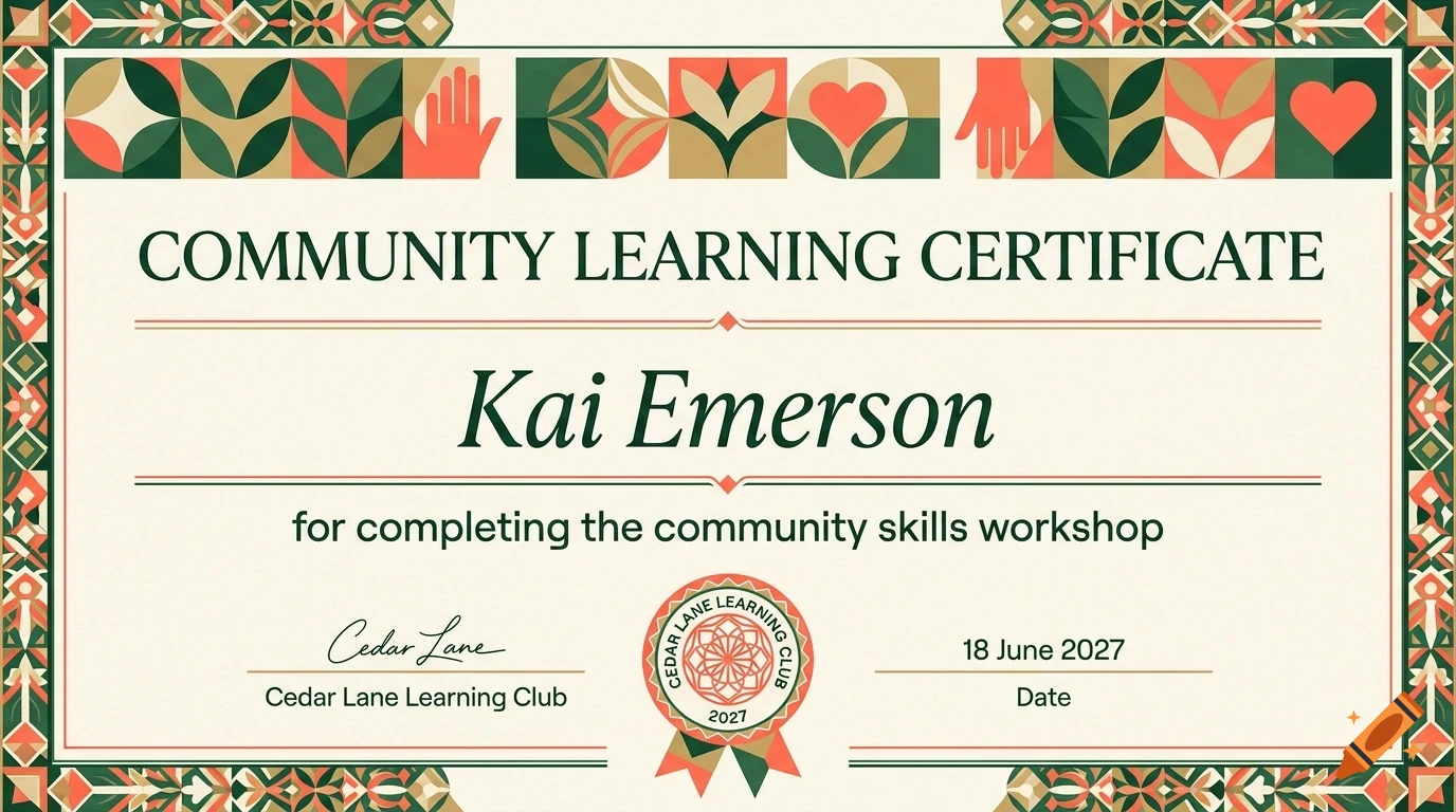A Community Learning Certificate awarded to Kai Emerson with decorative borders and abstract botanical patterns.