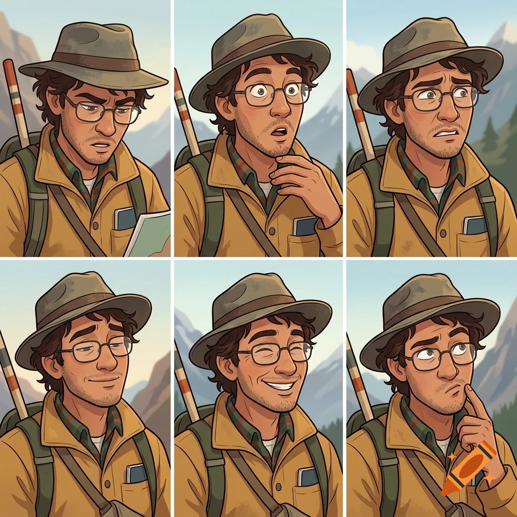 A six-panel character sheet showing a male explorer with glasses and a hat displaying various facial expressions.