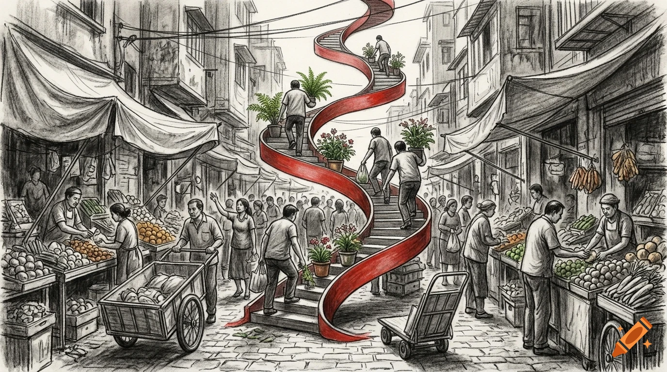 An ink and pencil style drawing of a bustling market street with a winding red spiral staircase rising through the center, carrying potted plants and people.