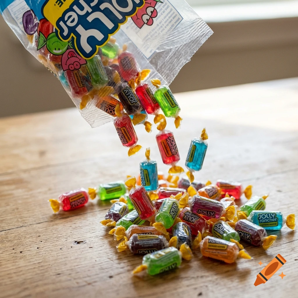 A transparent bag of Jolly Rancher candies being poured out onto a wooden table, with colorful individually wrapped candies spilling out.