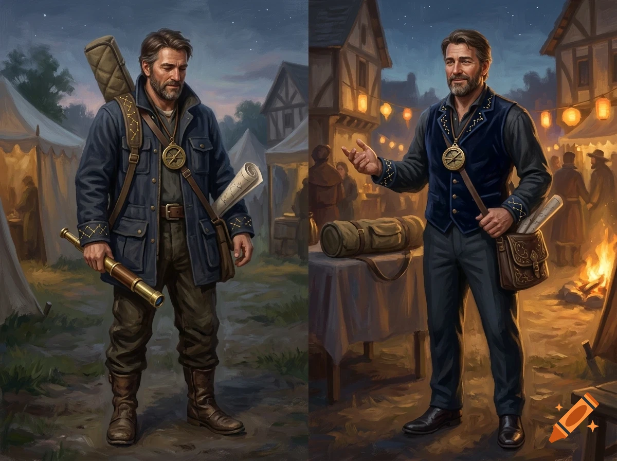 Digital illustration of a man with a beard and medallion standing in a village or camp setting.