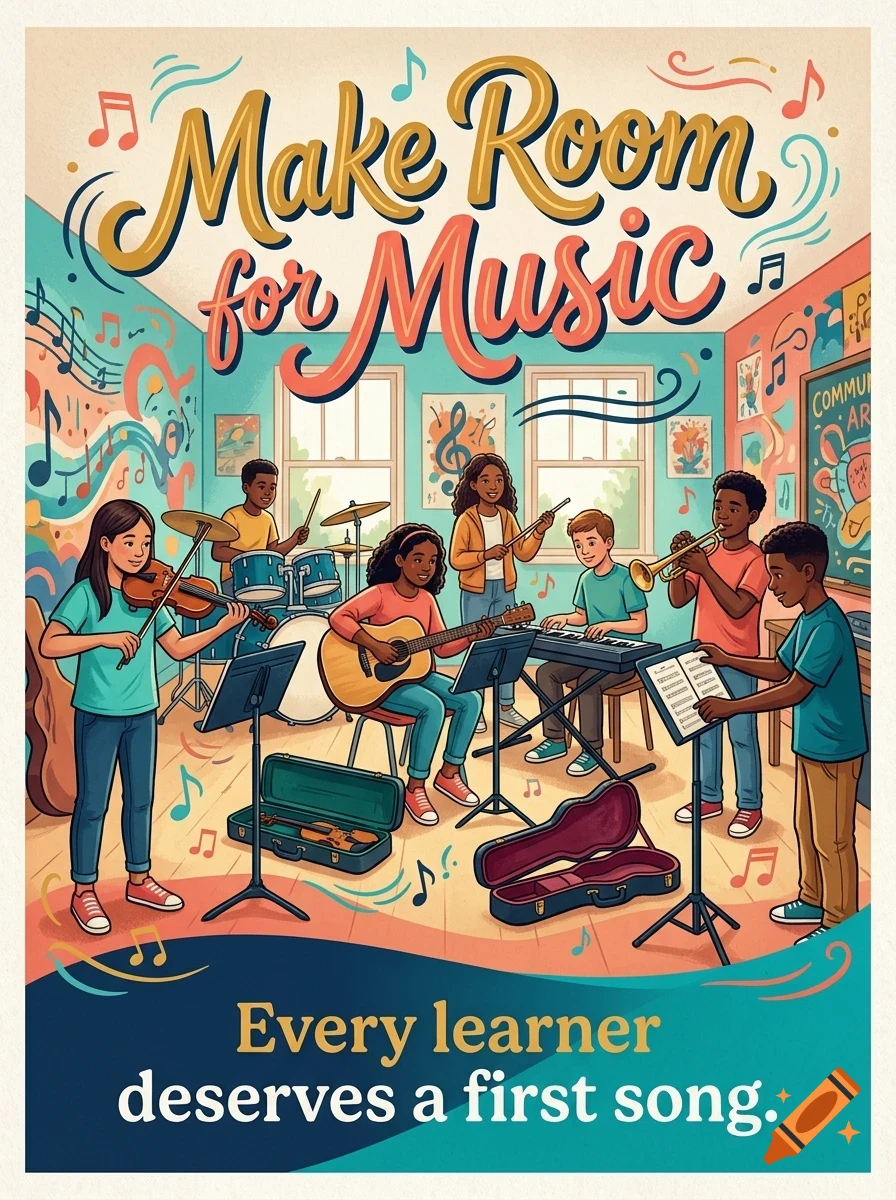 An illustrated classroom poster depicting children playing various musical instruments with the text "Make Room for Music" and "Every learner deserves a first song."