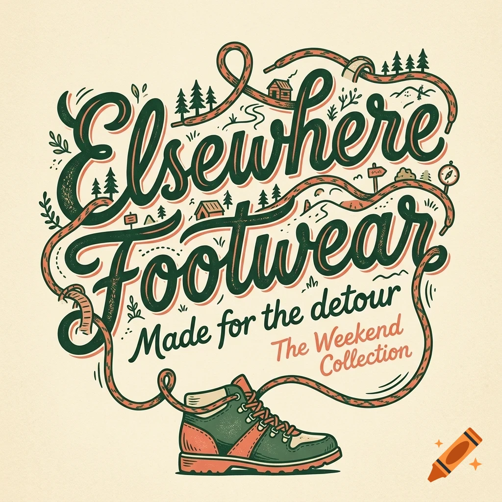 An illustration with lettering reading Elsewhere Footwear, Made for the detour, and The Weekend Collection, featuring a hiking boot and winding laces decorated with tiny trees and cabins.