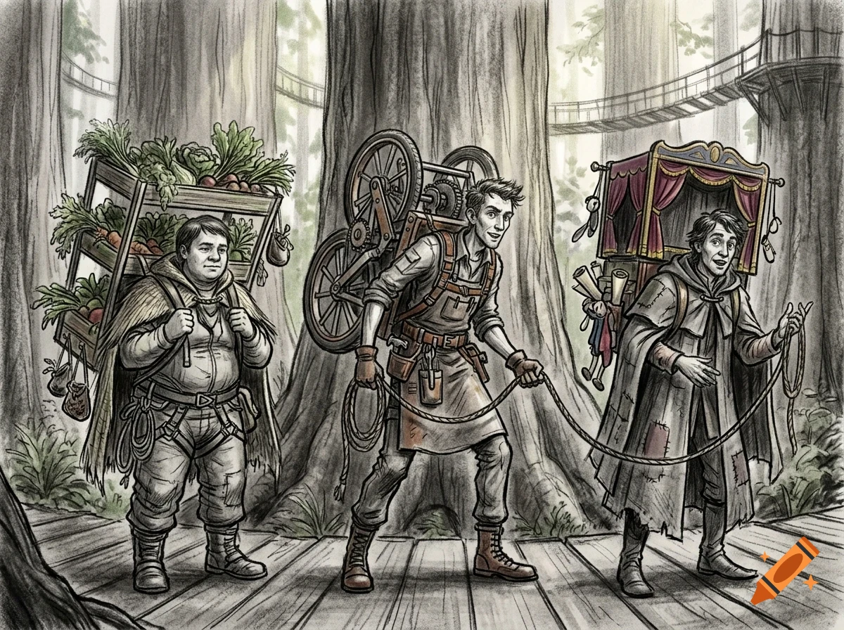 Three people carrying large contraptions and goods through a giant forest with rope bridges.