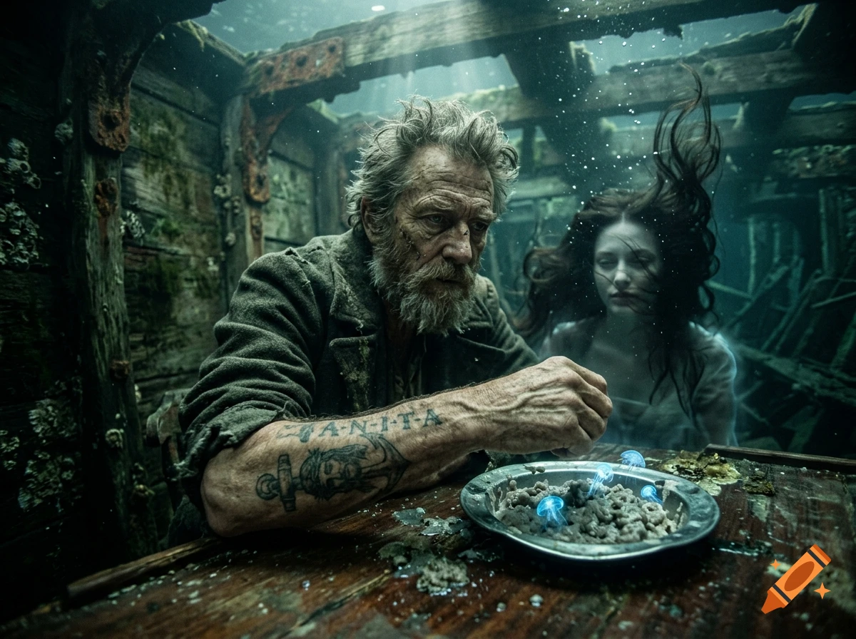 Gritty cinematic shot of a bearded captain with tattoos in a submerged ship cabin, sitting before a bowl of jellyfish with a ghostly woman.
