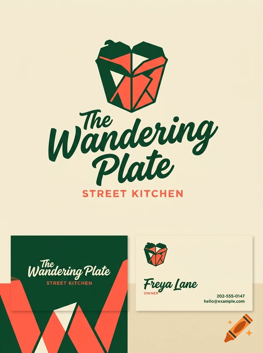 Branding design featuring a stylized takeout box logo and the text 'The Wandering Plate Street Kitchen' with business cards below.