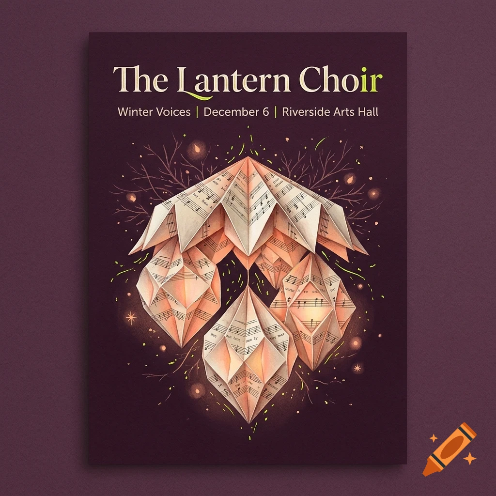 A poster featuring origami lanterns made from sheet music against a dark background, with text reading The Lantern Choir.