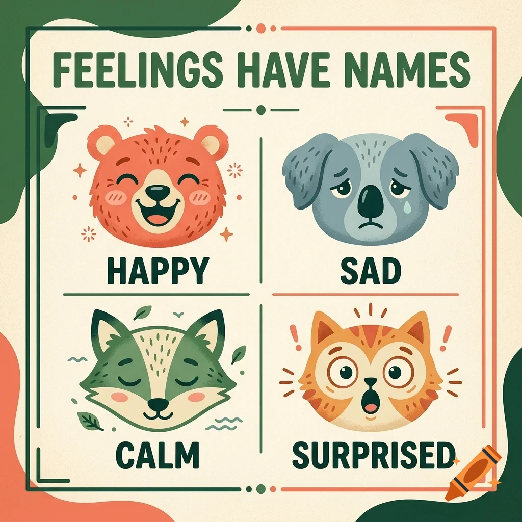 An educational poster titled 'FEELINGS HAVE NAMES' showing four animal heads representing different emotions: a happy bear, a sad koala, a calm fox, and a surprised cat.