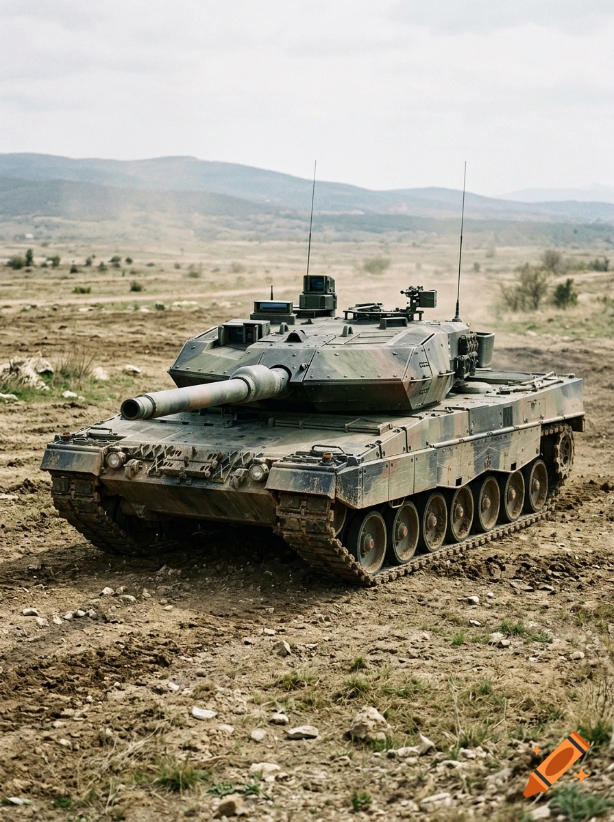 Photorealistic image of a military tank parked on a dirt field with distant hills under an overcast sky.