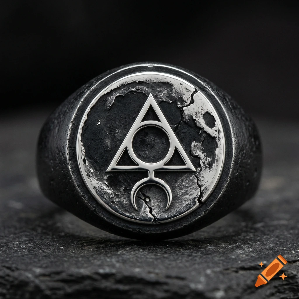 Macro photograph of a dark, weathered silver ring resting on rough black stone, featuring an alchemical Tria Prima sigil on a broken moon design.