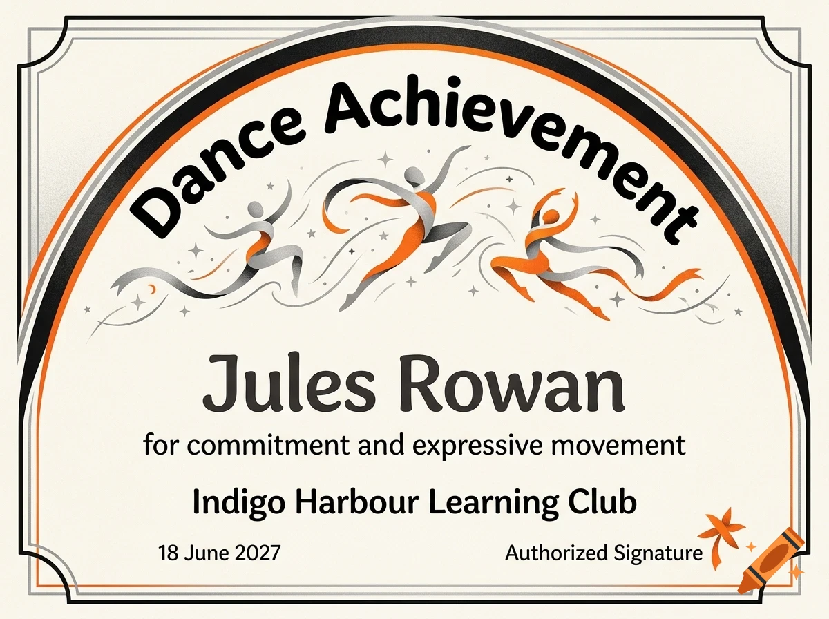 A certificate titled 'Dance Achievement' awarded to Jules Rowan for commitment and expressive movement by Indigo Harbour Learning Club.