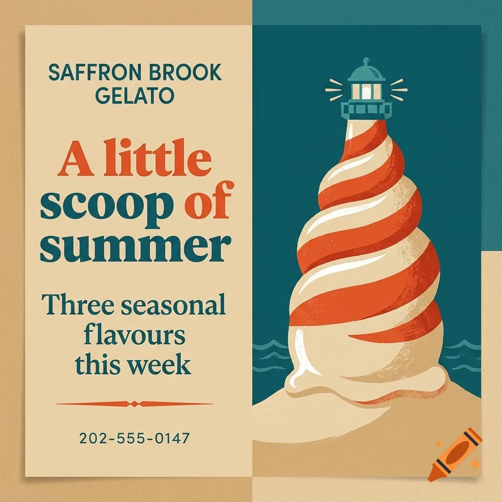 An advertisement for Saffron Brook Gelato featuring text and an illustration of a swirled gelato cone designed to look like a lighthouse.