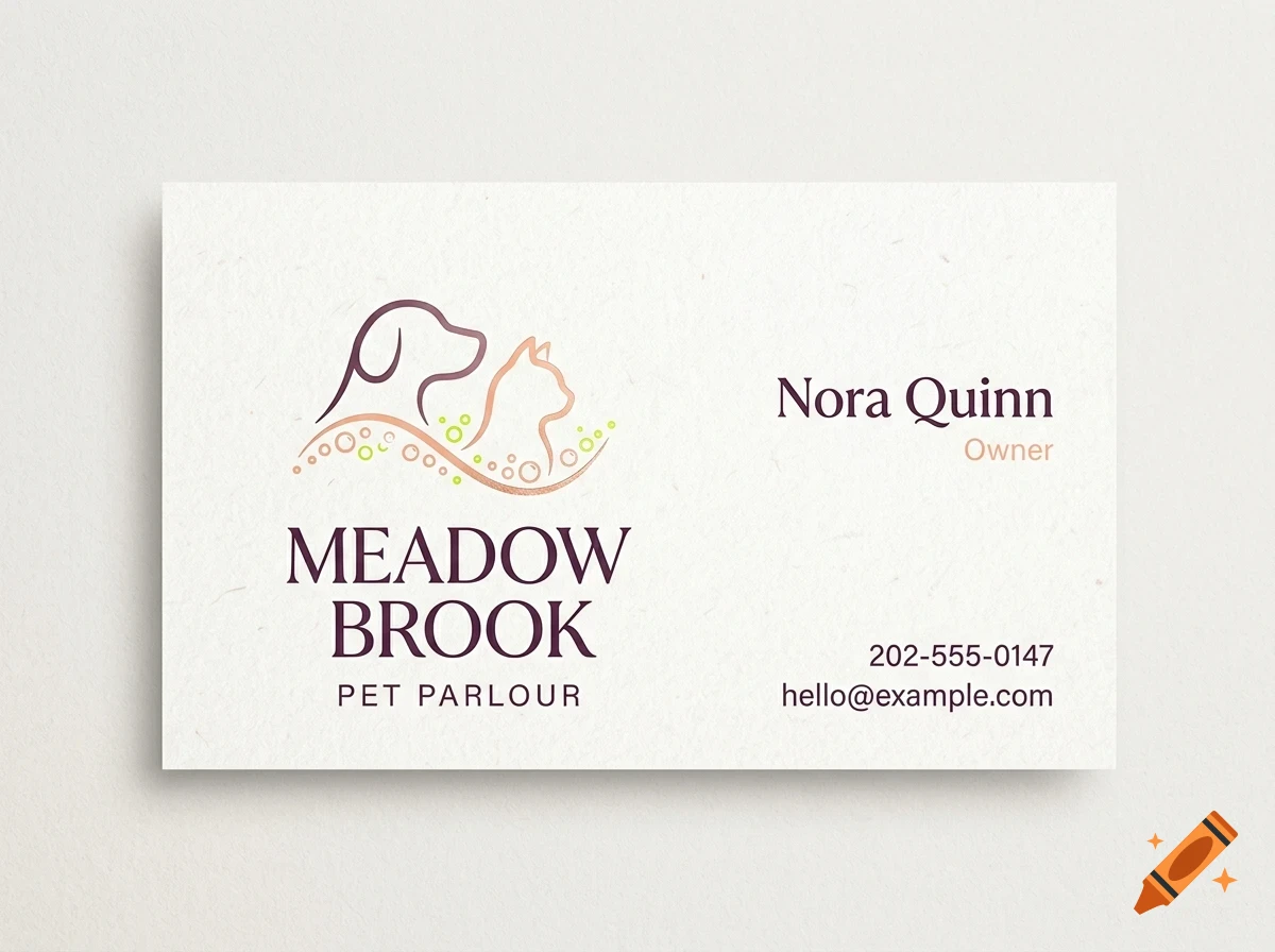 A business card with a logo featuring a dog and cat outline above the text MEADOW BROOK PET PARLOUR and Nora Quinn Owner contact details.