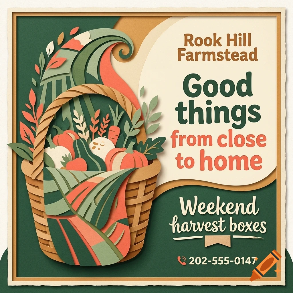 A stylized paper-cut illustration of a woven basket filled with harvest vegetables, accompanied by the text Rook Hill Farmstead, Good things from close to home, Weekend harvest boxes, and a phone number.