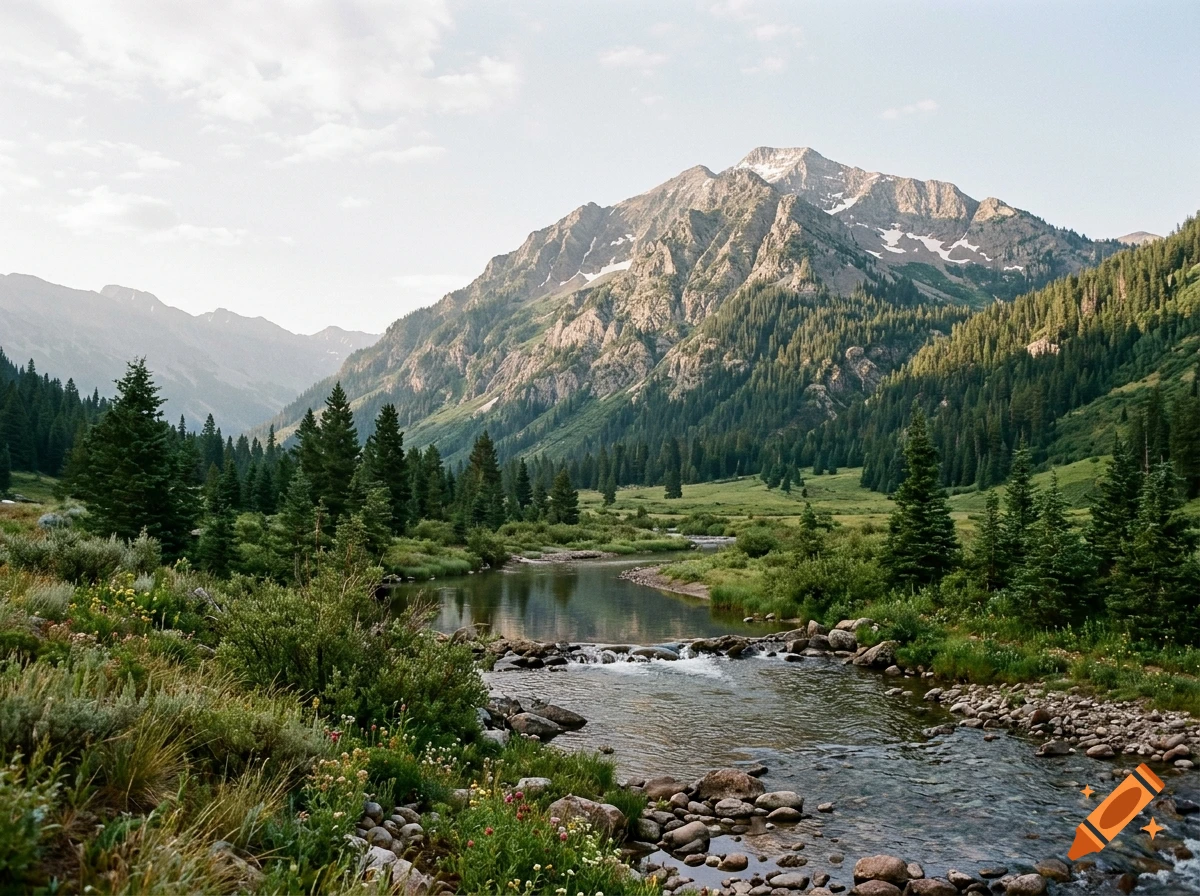 Photorealistic landscape of a mountain with a gentle stream and pine trees in a valley.