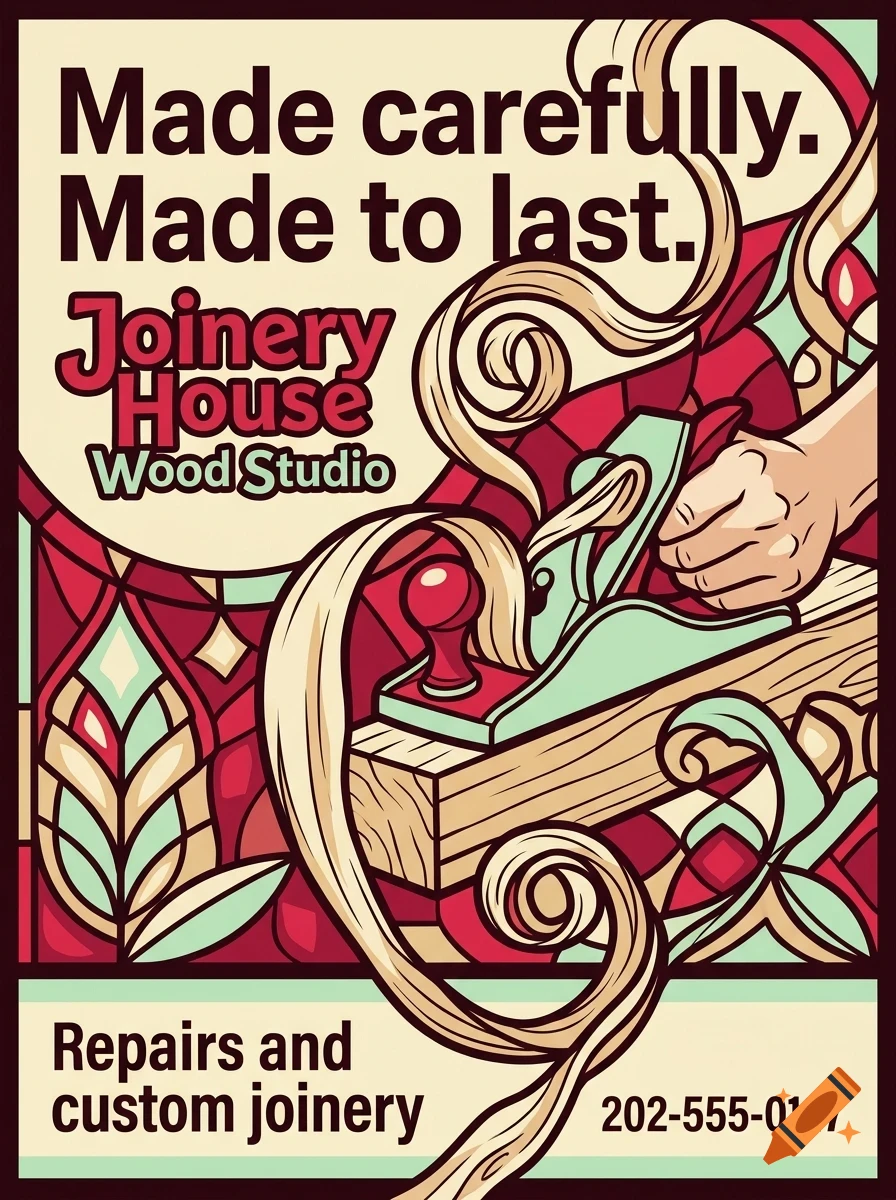 An illustrated poster advertising Joinery House Wood Studio with a hand using a woodworking plane and wood shavings.