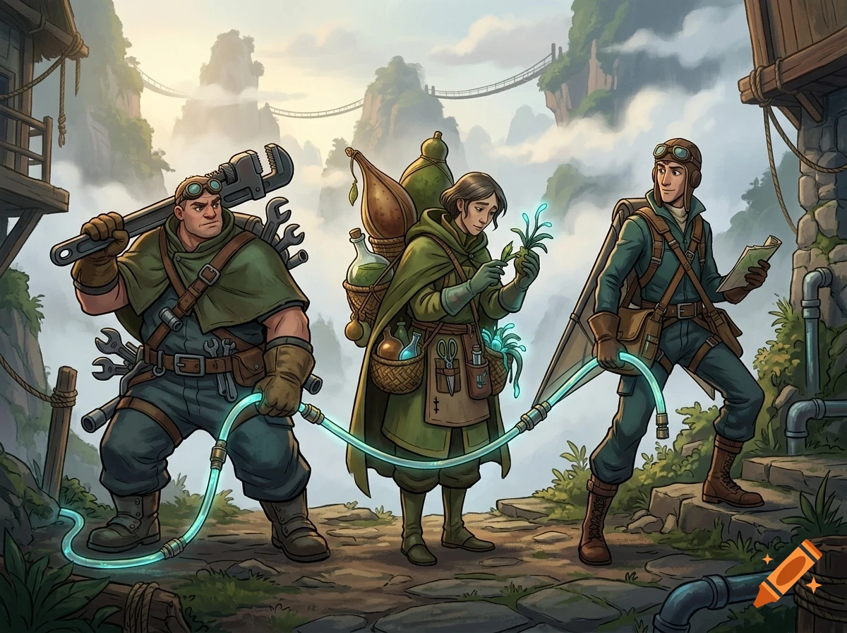 An illustration of three adventurers in a fantasy mountainous landscape holding a glowing blue hose.