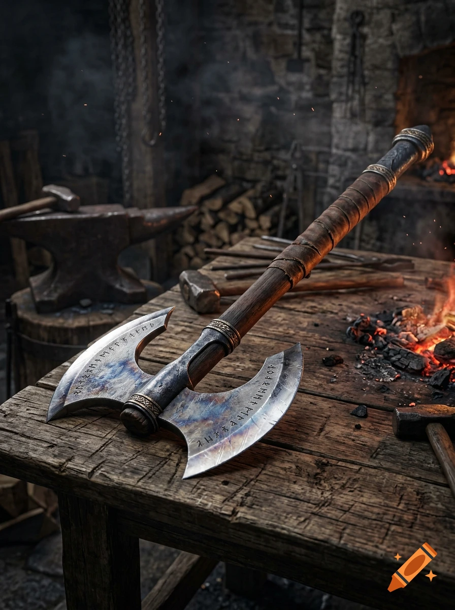 Detailed photorealistic fantasy double-bladed axe with runes on the metal resting on a wooden blacksmith's workbench.