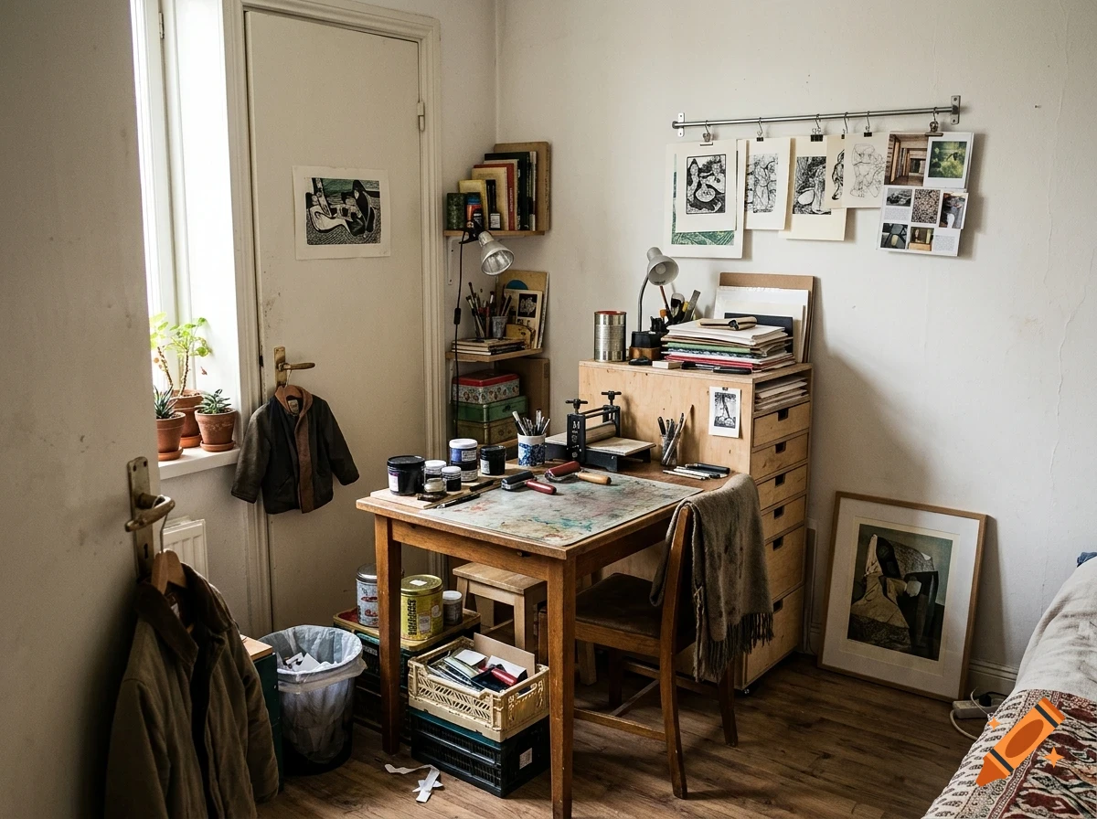 An artist's studio with a wooden desk, printing press, art supplies, and various artworks displayed on the wall.