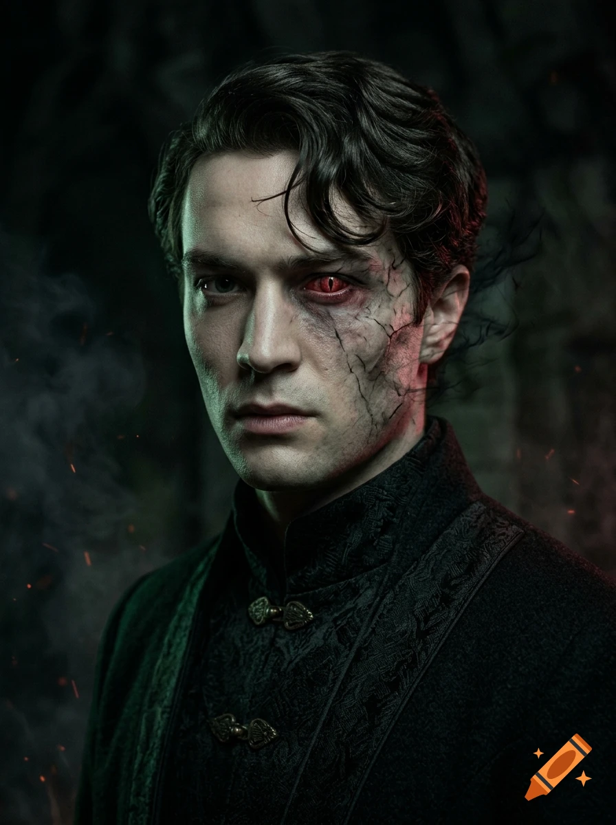 Photorealistic portrait of a dark wizard with a mutated, glowing red serpent eye and facial cracks, cinematic lighting.