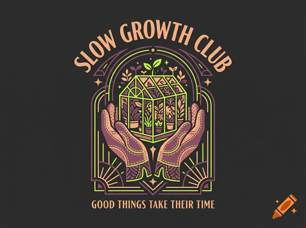 An illustrated vector design features two hands cradling a greenhouse filled with small plants, framed by arched linework and the text SLOW GROWTH CLUB and GOOD THINGS TAKE THEIR TIME.