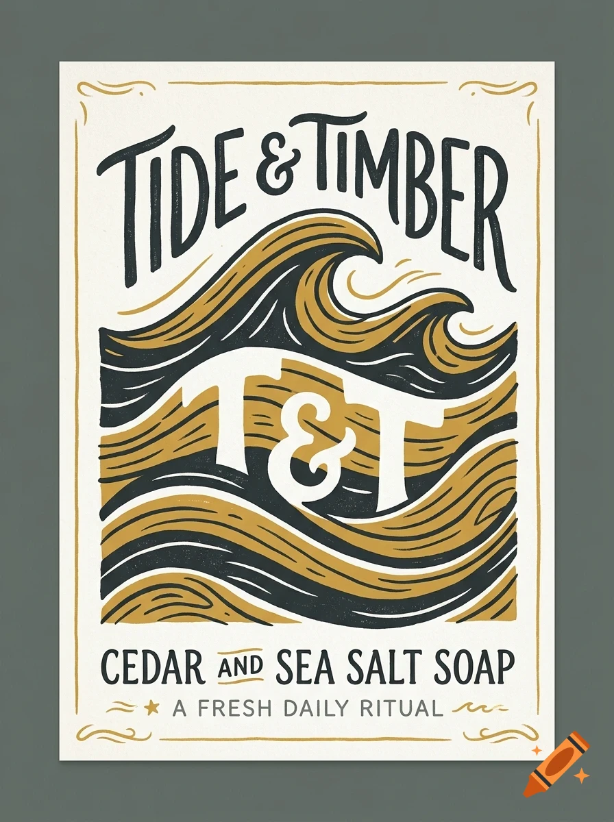 An illustration with the text Tide and Timber featuring a wave design and cedar and sea salt soap label.