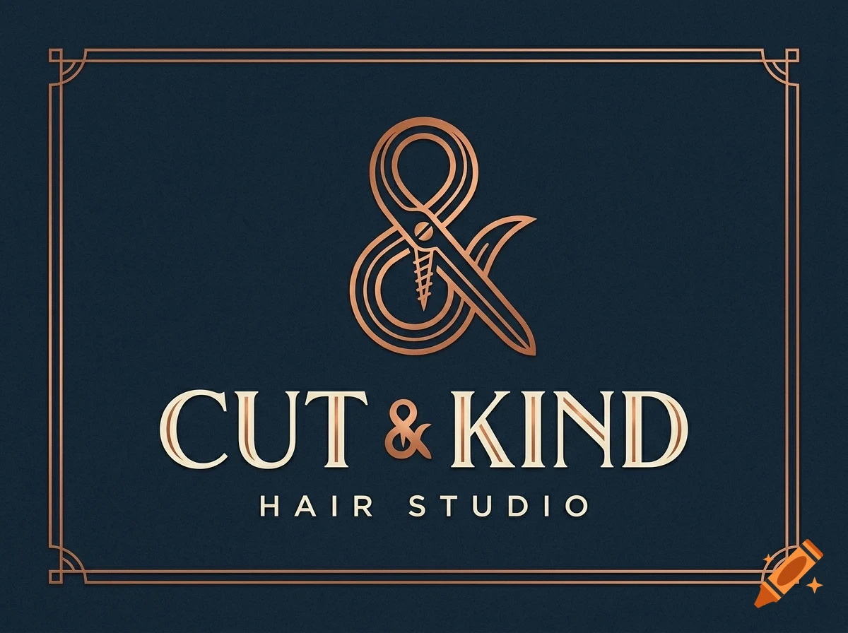 A logo for Cut & Kind Hair Studio featuring an ampersand made from scissors and text enclosed in a decorative frame.