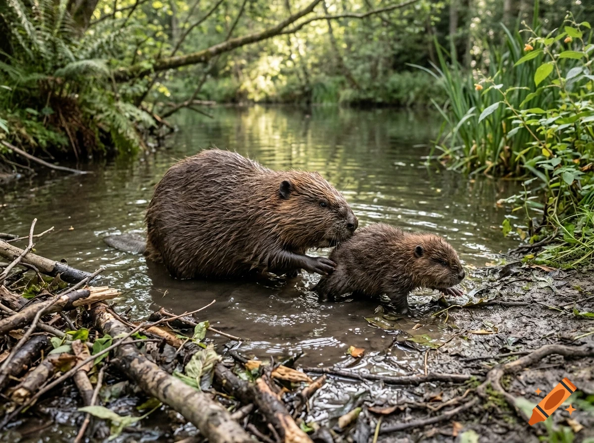 An adult beaver and its kit in a shallow river surrounded by lush greenery and trees.