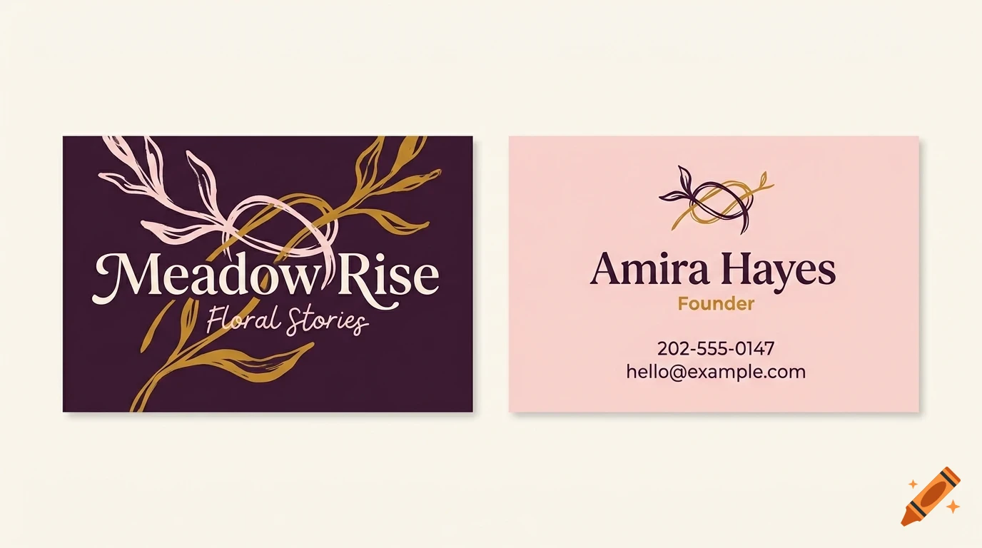 Two business cards with botanical illustrations and text reading Meadow Rise Floral Stories and Amira Hayes Founder.