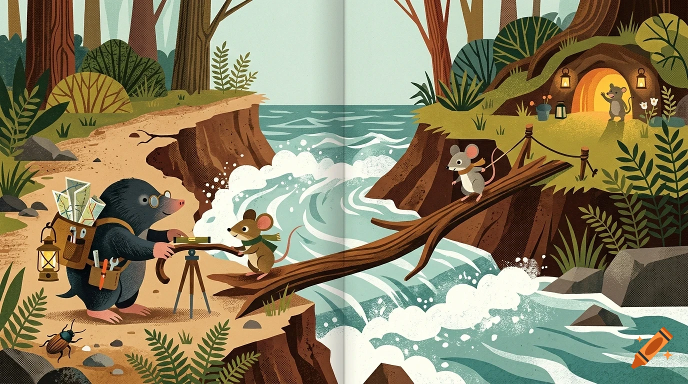 An illustration of anthropomorphic animals, including a mole using a surveying instrument and mice near a river and a burrow.