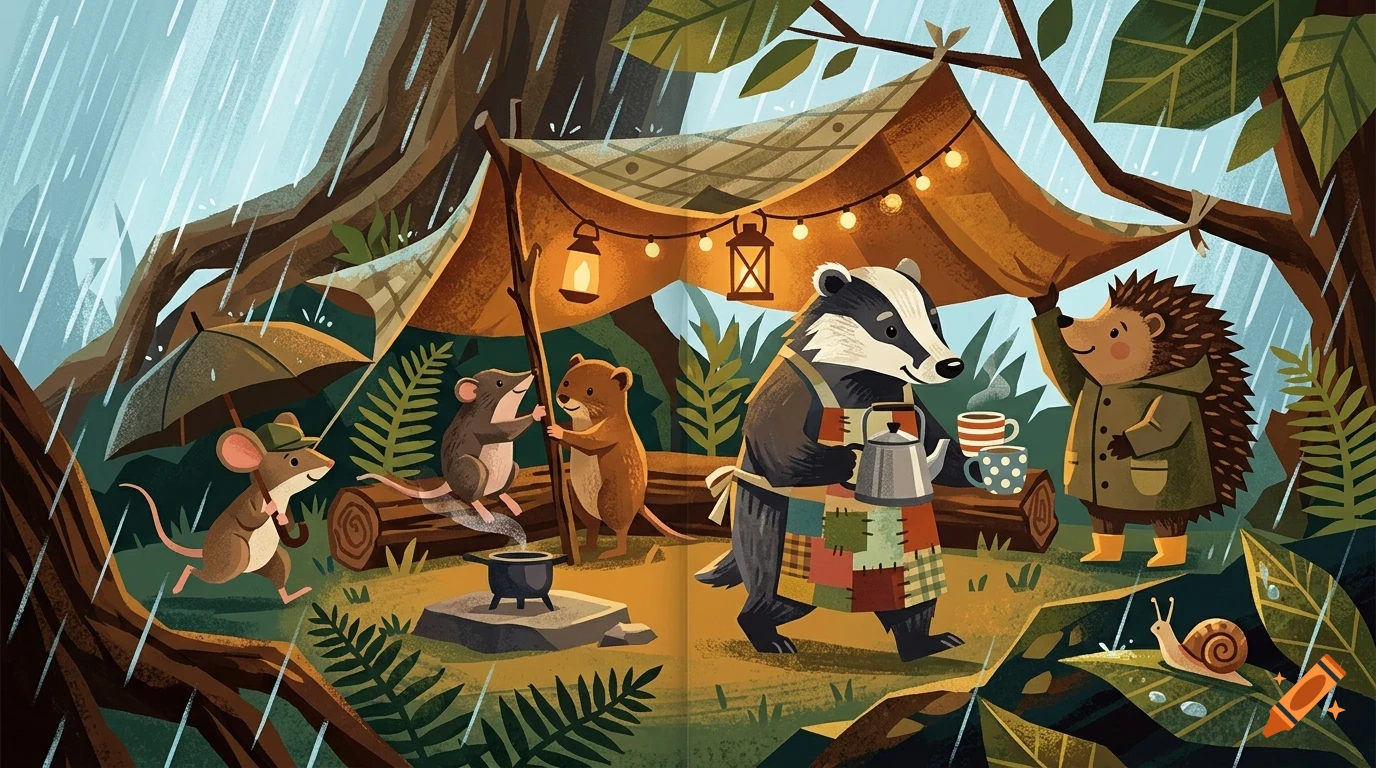 An illustrated woodland scene depicting anthropomorphic animals camping under a tarp during the rain.