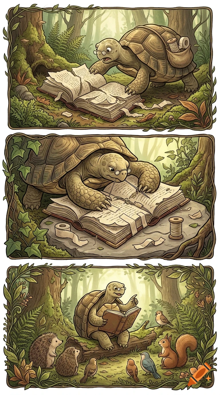 An illustrated comic in three panels showing a turtle wearing glasses fixing a torn book in a forest, then reading a repaired book to animals including hedgehogs, birds, and a squirrel.