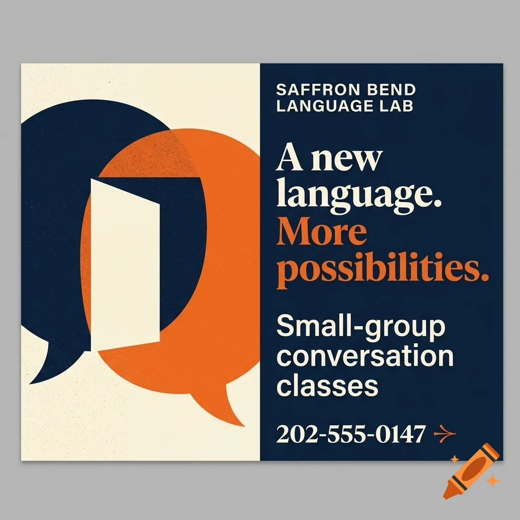 An advertisement for Saffron Bend Language Lab featuring speech bubble graphics and text reading A new language. More possibilities.