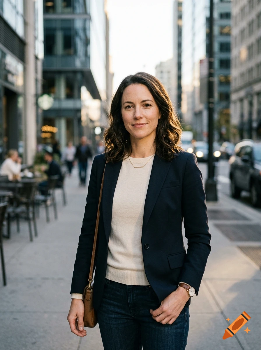 Photorealistic portrait of a smiling woman standing on a city sidewalk wearing a blazer and sweater.