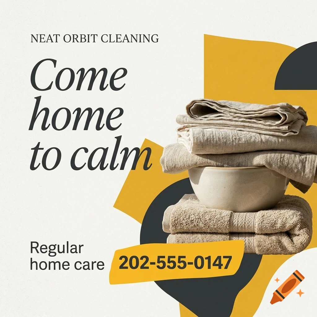 An advertisement for Neat Orbit Cleaning featuring stacked folded towels, a bowl, and the text Come home to calm.