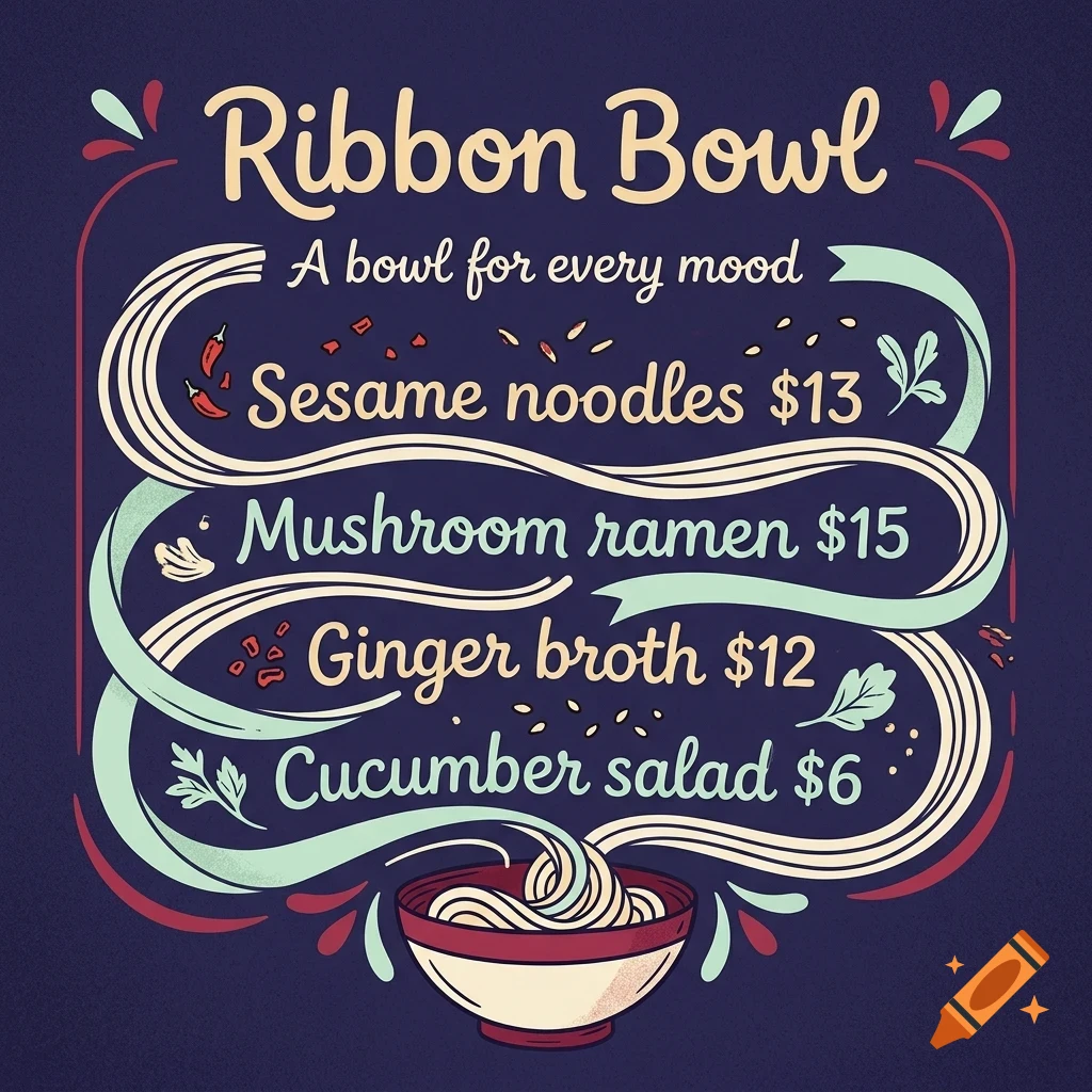 An illustrated menu for Ribbon Bowl listing dishes like Sesame noodles, Mushroom ramen, Ginger broth, and Cucumber salad.