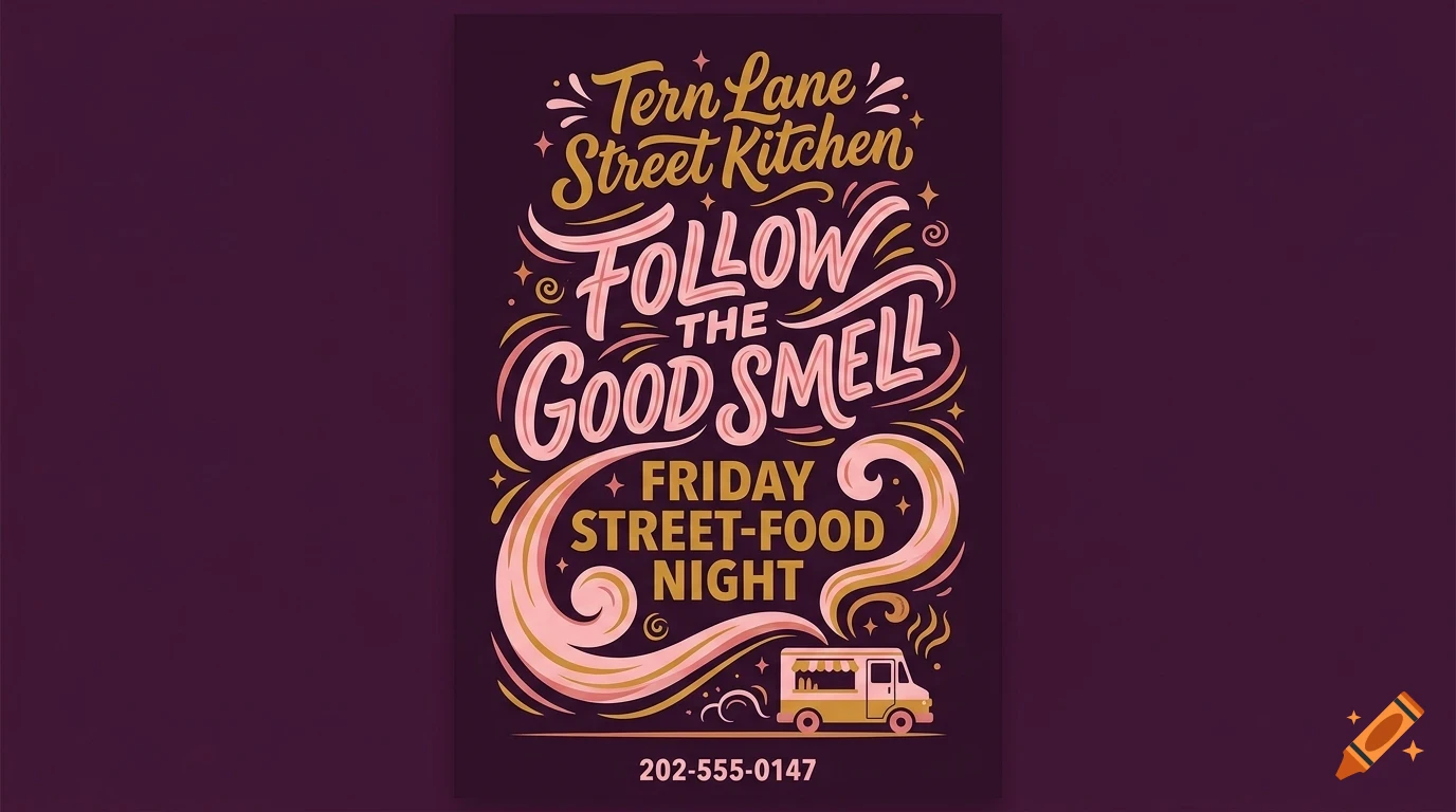 A poster with decorative lettering saying Tern Lane Street Kitchen Follow the good smell Friday street-food night and a food truck graphic.