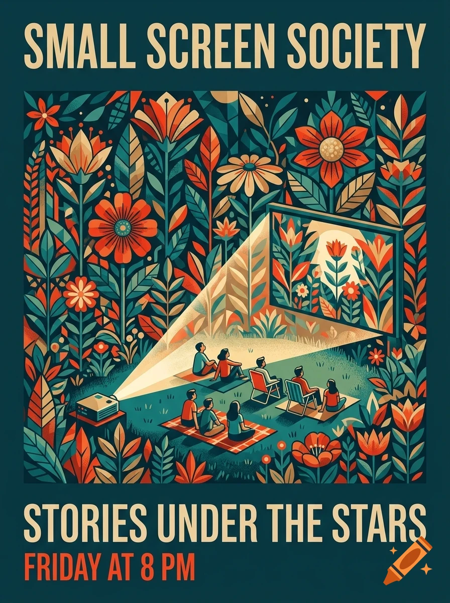 A poster illustration of people watching an outdoor movie projection surrounded by large stylized flowers and foliage, with the text Small Screen Society and Stories under the stars.