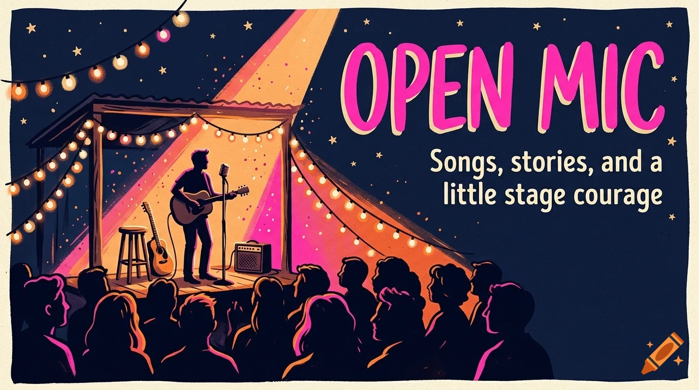 An illustrated poster for an open mic night showing a performer on stage with a guitar and microphone before an audience under string lights, with the text 'OPEN MIC'.