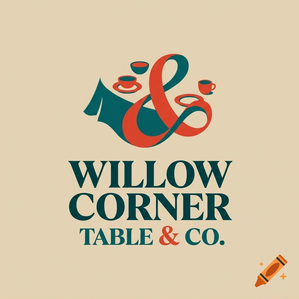 Logo design with a large ampersand symbol incorporating table and teacups, with text reading WILLOW CORNER TABLE & CO.