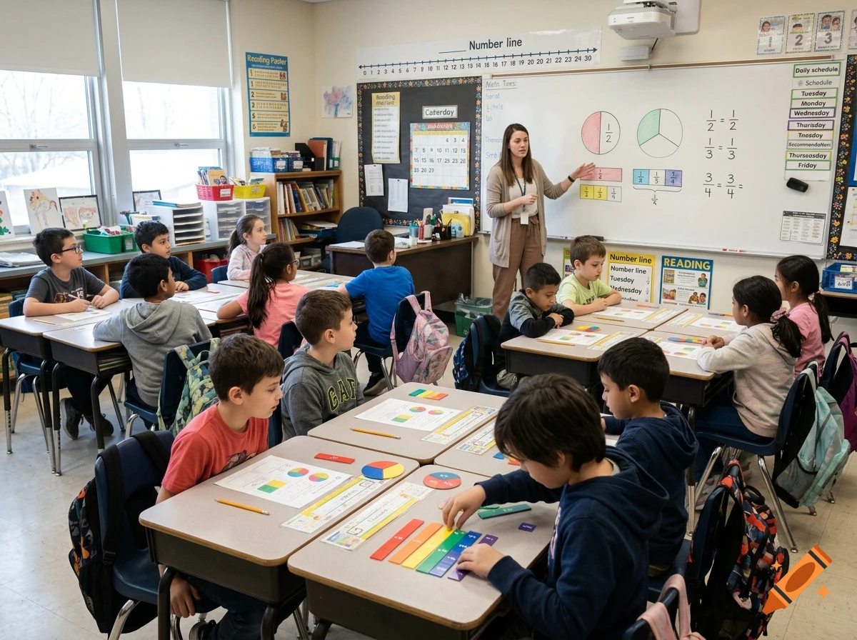 Teacher and third-grade students in a classroom learning about fractions, with a white board and math manipulatives on desks.